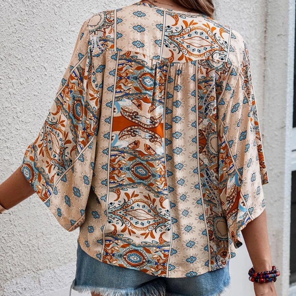 Boho Floral Print Kimono Sleeve Oversized Top - Picture 6 of 8